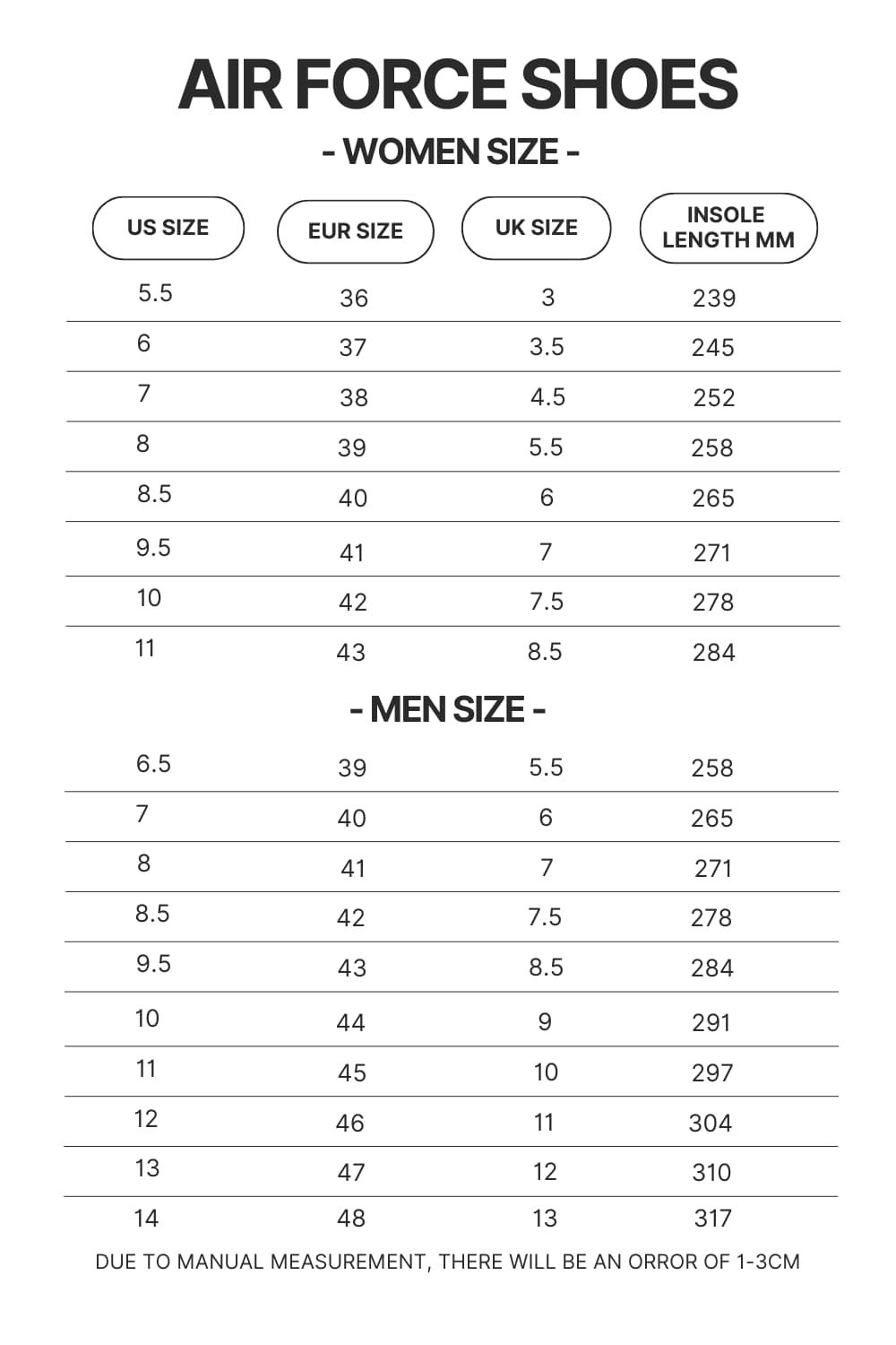 Air Force Shoes Size Chart - Demon Slayer Shoes Store