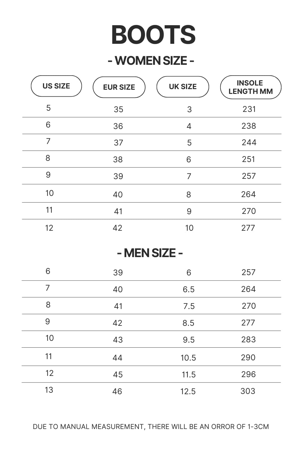 Boots Size Chart - Demon Slayer Shoes Store