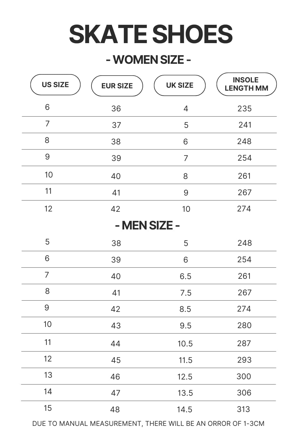 Skate Shoes Size Chart - Demon Slayer Shoes Store