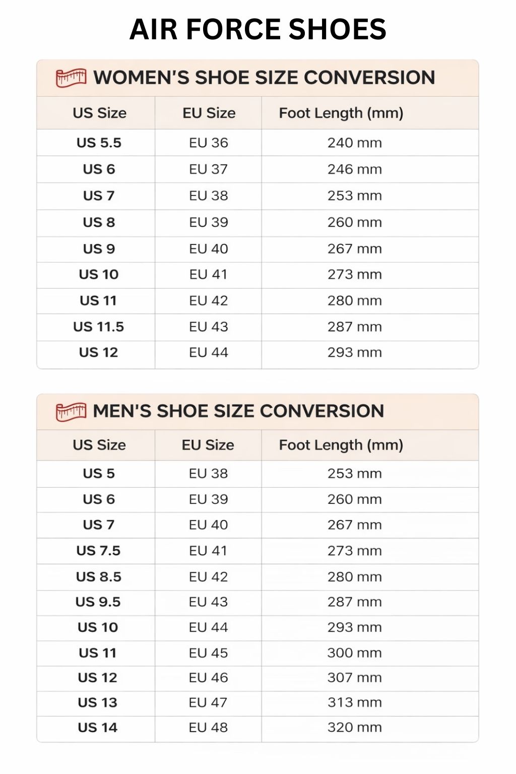 Air Force Shoes Size Chart - Demon Slayer Shoes Store
