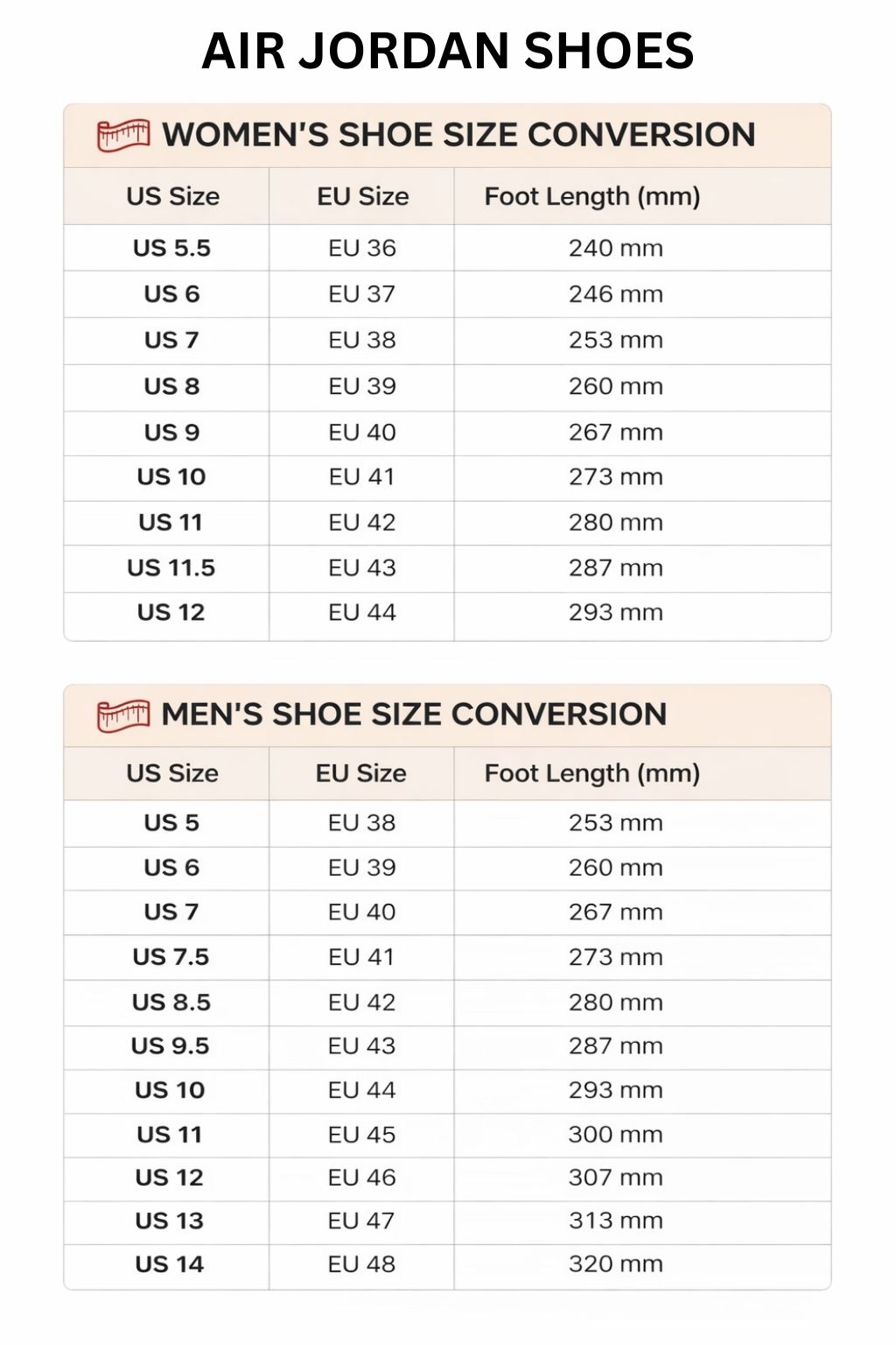 Air Jordan High Low Top Shoes Size Chart - Demon Slayer Shoes Store