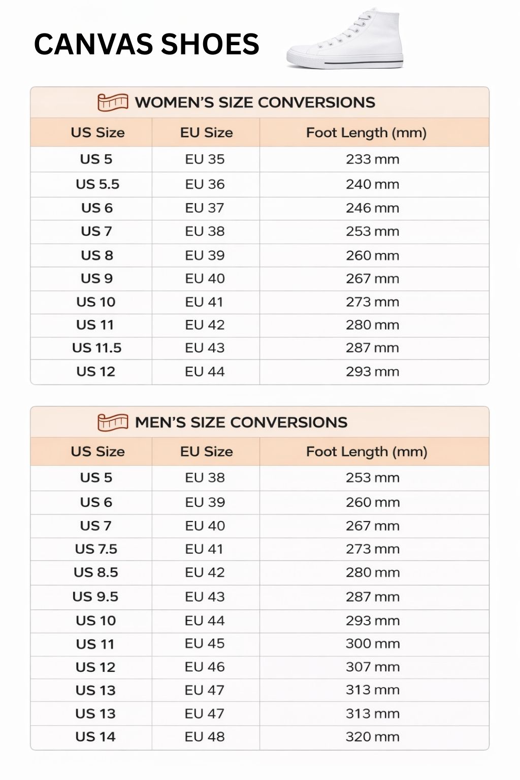 High Top Canvas Shoes Size Chart - Demon Slayer Shoes Store
