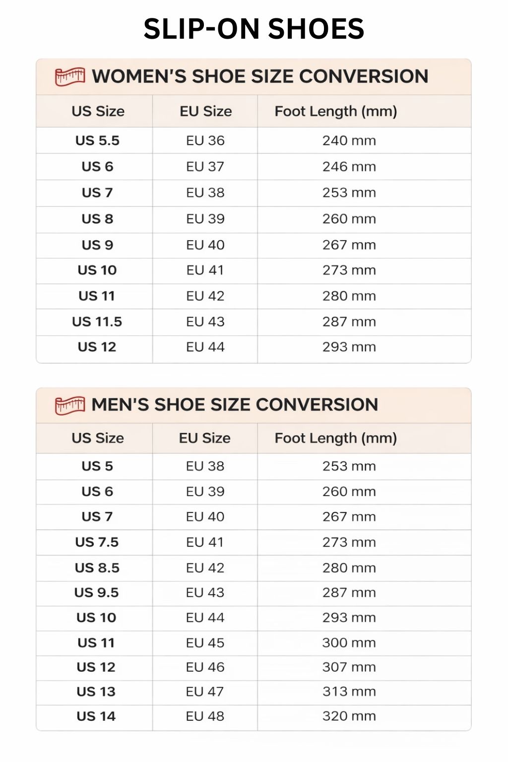 Slip On Shoes Size Chart - Demon Slayer Shoes Store